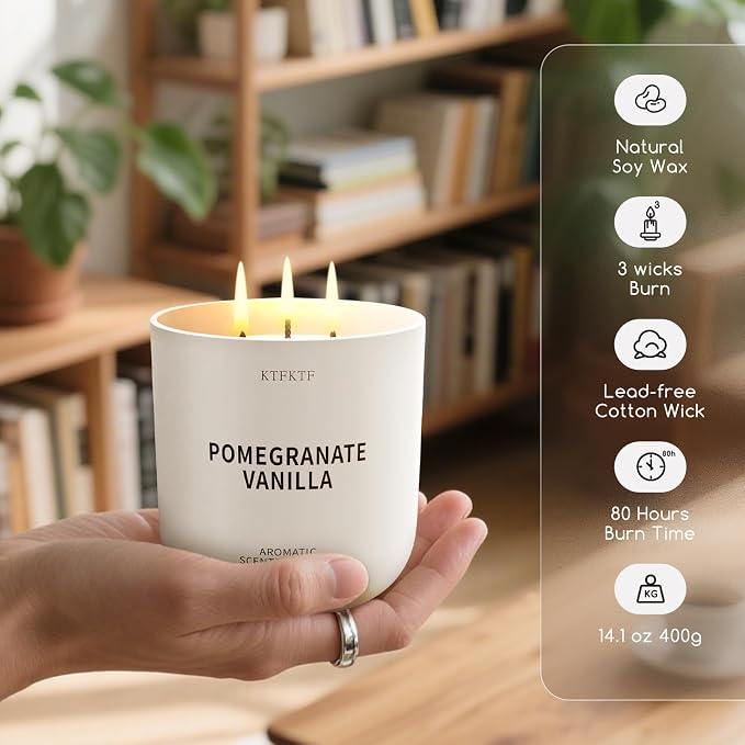 Pomegranate Vanilla Scented Candle for Home, 14.1oz 80H Long Lasting Aromatherapy Candles for Warmth & Festivity, Non-Toxic Essential Oil & Soy Wax | Fruity-Sweet Vanilla Fragrance