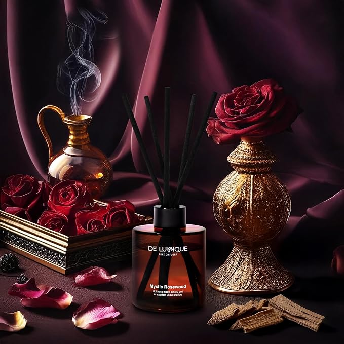 Mystic Rosewood Scent Reed Diffuser for Bathroom – Bathroom Diffuser with Sticks – Long-Lasting Scent with Oud, Damask Rose & Saffron Home Fragrance Decor – 150ml