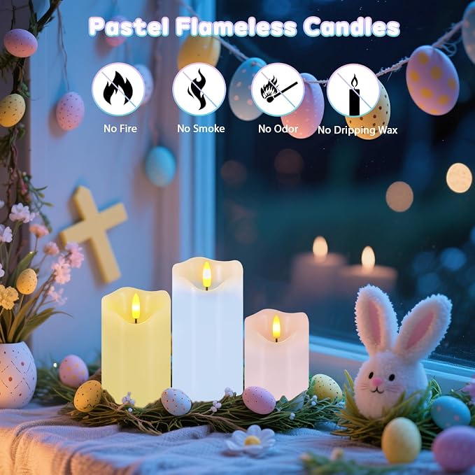 Flameless Candles Light, Set of 3 Pastel Spring LED Candles with Remote & Timer, Flickering Easter Pillar Candles Battery Operated, Real Wax Electric Candles for Home Spring Easter Decor (3 Colors)