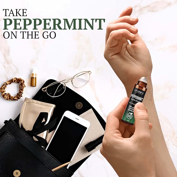 Peppermint Essential Oil Roll On – Cooling Aromatherapy Peppermint Oil Rollerball, Pre-Diluted Essential Oil Roller for Head, Travel & Everyday Refresh, 100% Natural, Compact Roll On Stick