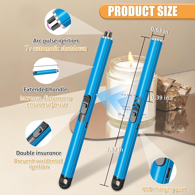 2 Pack Electric Candle Lighters, USB Rechargeable Lighter with Windproof Flameless & Extended Handle, Suitable for Candles, BBQ, Camping, Gas Stove, Festivals Gift (Blue, 2 Packs-B)