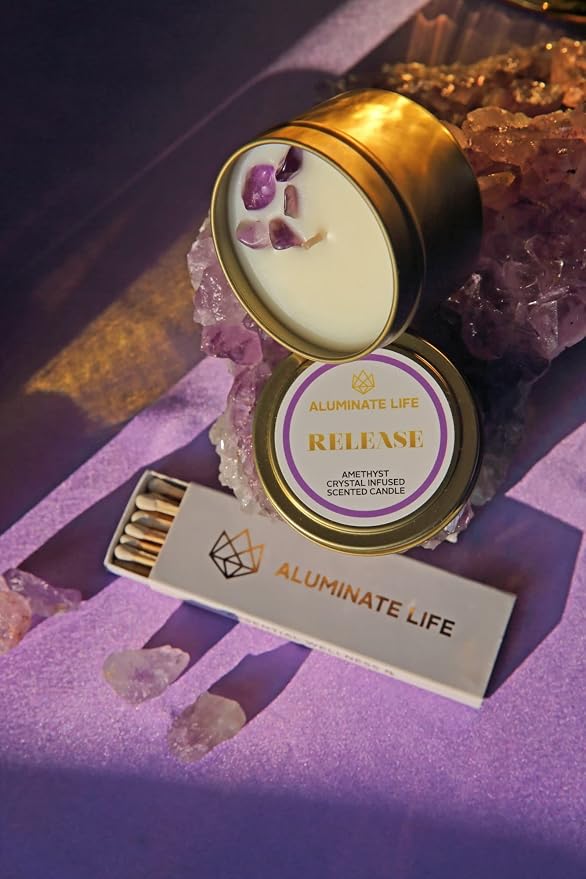 Luxury Candle Tin, 4 OZ, Release, Amethyst Crystal Infused - Scents of Lavender, Bergamot, & Frankincense - Valentine's Day Gift - Coconut Wax, Essential Oils, Dr. Developed
