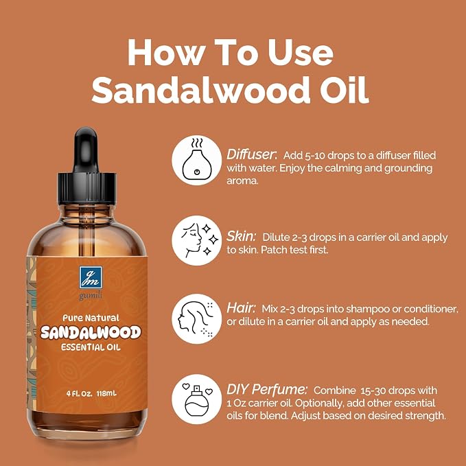 GM Gumili Sandalwood Essential Oil 4 Oz, 100% Pure Sandalwood Oil for Diffuser, Skin, Hair, Body & Face, Perfume Base Note for Men & Women, Aromatherapy & Massage