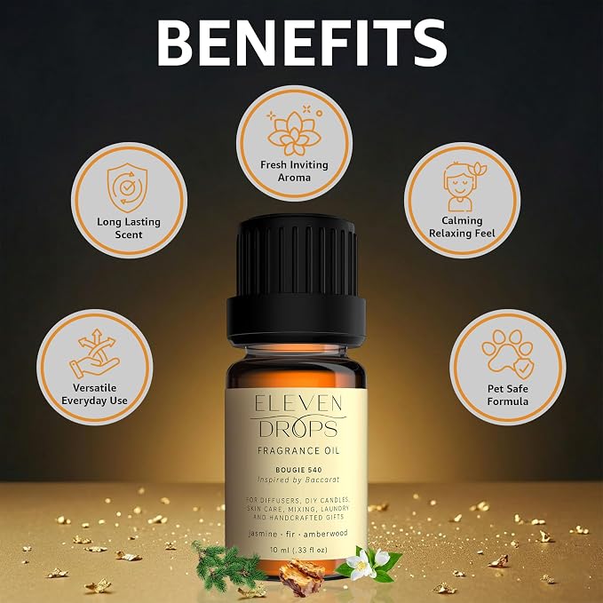 Bougie 540 Fragrance Oil | Jasmine, Fir & Amberwood Notes | Long Lasting Scent Reed Diffuser Oil for Home, Office, Hotel, Spa, Car & Linen Spray | Pet Friendly IFRA Compliant, 10 ml