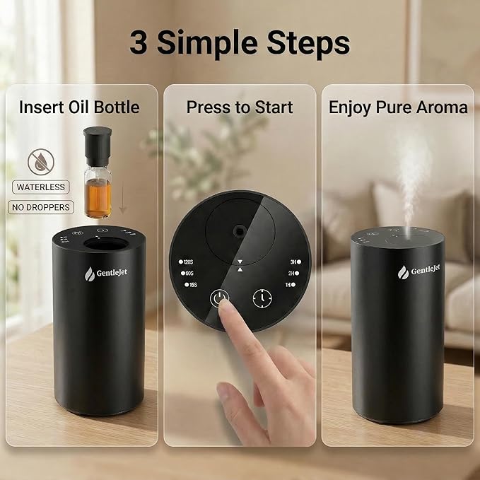 GentleJet LiteMist Waterless Rechargeable Aroma Diffuser for Bedroom, Office & Car, Cold-Air Essential Oil Mist, Aluminum Body, 20ml