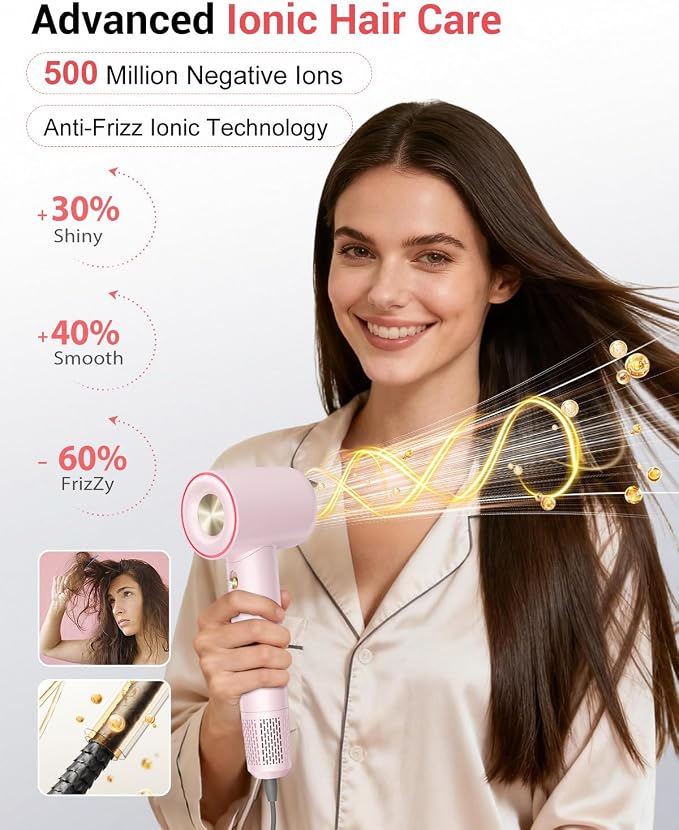Ionic Hair Dryer, 150,000 RPM High-Speed Professional Blow Dryer for Fast Drying, 500M Negative Ions & Thermo-Control, Magnetic Nozzle, Low Noise & Lightweight for Home and Travel, Pink