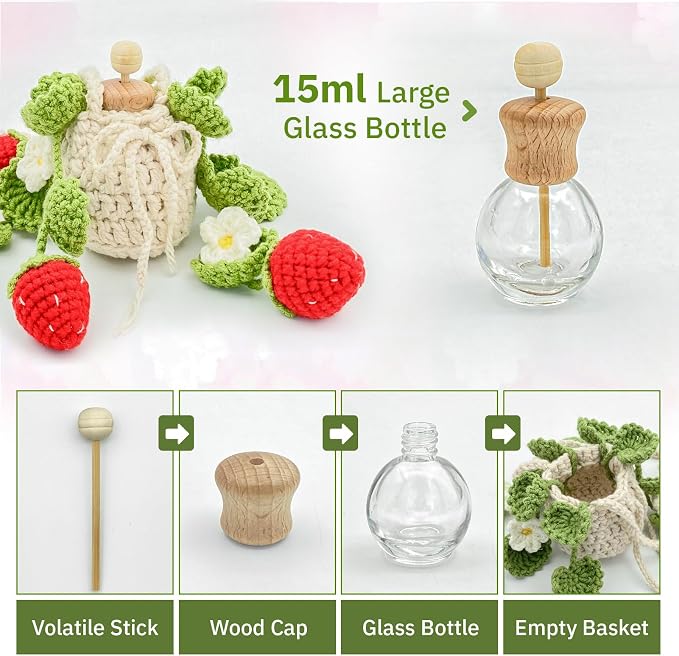 Crochet Car Air Freshener, 15ml Empty Refillable Oil Diffuser Bottle with Hanging Crochet Strawberry Plant for Car Rearview Mirror Air Freshener Diffuser for Home, and Office Decor