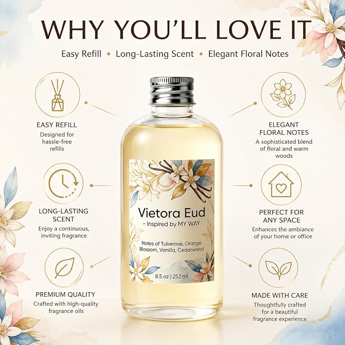 Reed Diffuser Oil Refill Inspired by My Way-8.5 Fl Oz, Luxury Hotel Collection Scent, Natural Fragrance Oil for Ultrasonic Diffuser, Room Spray, Air Freshener & HVAC in Home Office (My Way)