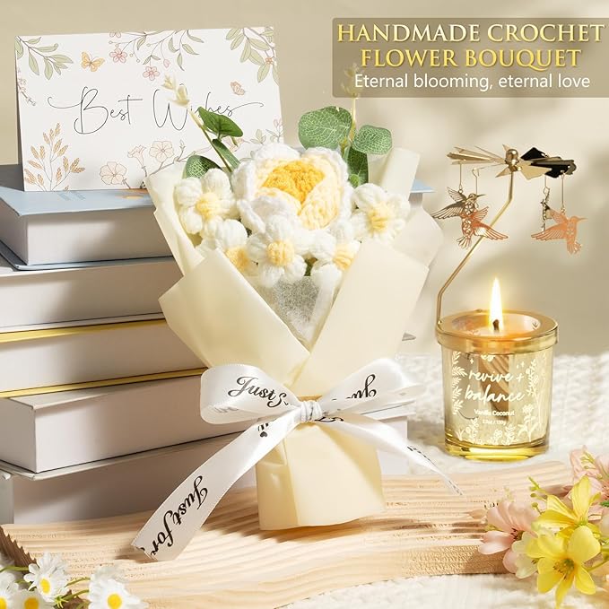 Mothers Day Gifts for Women Mom Friend Sister, Unique Birthday Gifts for Women Girlfriend Wife Daughter, Christmas Candles Hummingbird Rotating Scented Candles Set for Woman w/Crochet Flower Bouquet