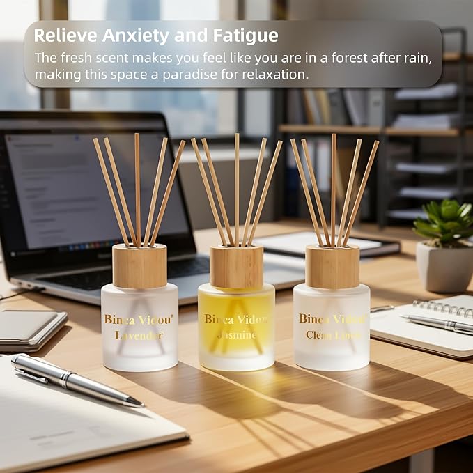 Reed Diffuser Set of 3, Binca Vidou Natural Scent Oil Diffusers with Sticks for Home Office Bathroom Aromatherapy Decor 1.69oz x 3(Lavender, Linen & Jasmine)