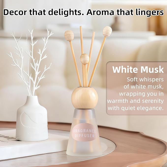 Reed Diffuser Set, White Musk Scent with Reed Sticks, 1.7 fl oz / 50ml Cone-Shaped Bottle with Round Wooden Cap, Ideal for Bathroom, Bedroom, Office, Home Fragrance for Shelf Decor Air Freshener Gift