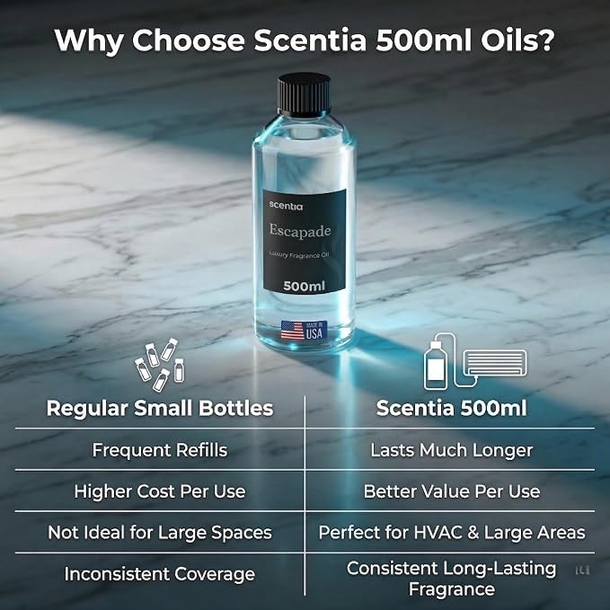 Scentia Escapade Diffuser Oil for HVAC Scent Machine – Hotel Fragrance Inspired by Ri.tz Carlton – 500 mL – Jasmine, Bergamot & Marine Oil for Commercial & Cold Air Diffusers, Made in USA