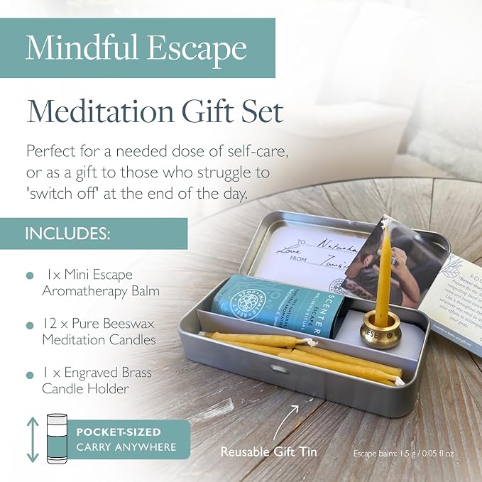 Scentered Yoga Meditation Kit - Aromatherapy Balm & Natural Beeswax Candles Set for Mindfulness - 12x Beeswax Candles with Brass Holder & Essential Oil Balm - Self-Care Gifts for Women