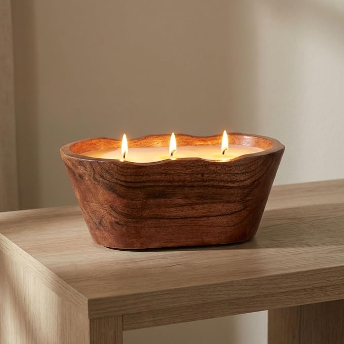 Oval Wood Bowl with Vanilla Scented Candle for Men or Women - Decorative Small Accent for Indoor and Outdoor Areas - Small Pillar or Votive Candle for Living Room, Bedroom, or Bathroom - 4", Brown