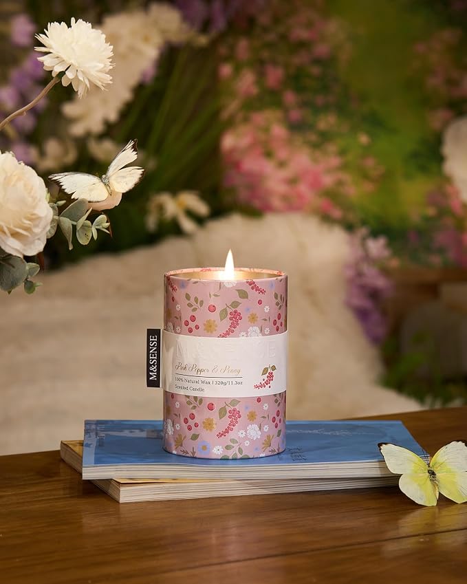 M&SENSE Pink Pepper Peony Scented Candle, Medium Jar 11.3oz | Natural Soy Wax, Floral Candles, Up to 70 Hours Burning, Long-lasting Fragrance, Gift for Spring Holiday