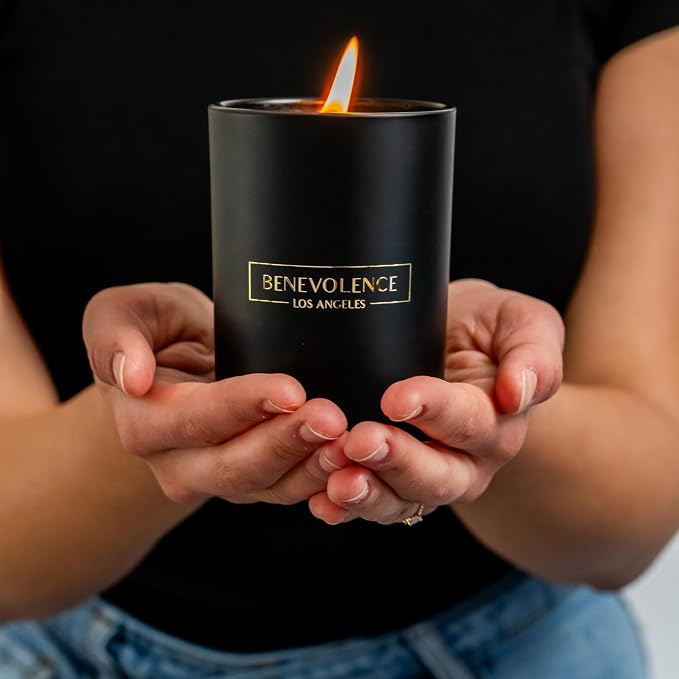 Benevolence LA Premium Santal Scented Candle – Long-Lasting, 45-Hour Burn – Luxury Black Wax Soy Candle for Home – Aromatherapy & Room Decor – 10oz