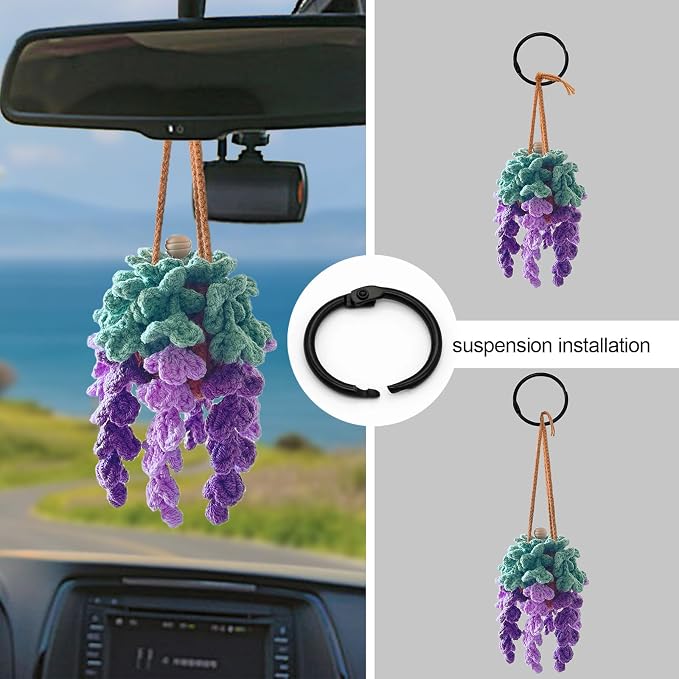 Crochet Car Air Freshener, Empty Refillable Oil Diffuser Bottle with Hanging Crochet Plant for Car Rearview Mirror Decor, Handmade Home and Office Decor (Violet)