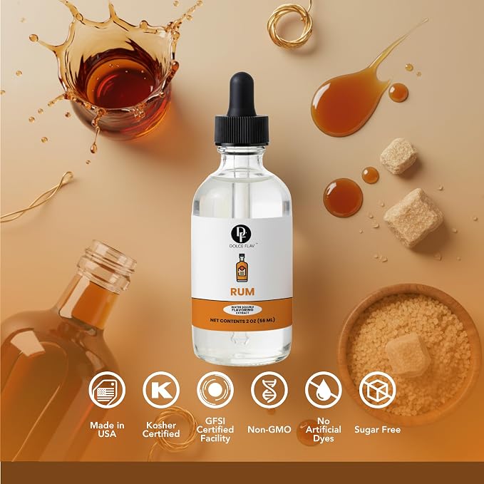 Dolce Flav Natural Rum Extract – 2 Ounce Water-Soluble Kosher, Sugar-Free, Concentrated Dark Rum Flavoring for Baking, Cocktails & Desserts, Includes Measured Dropper