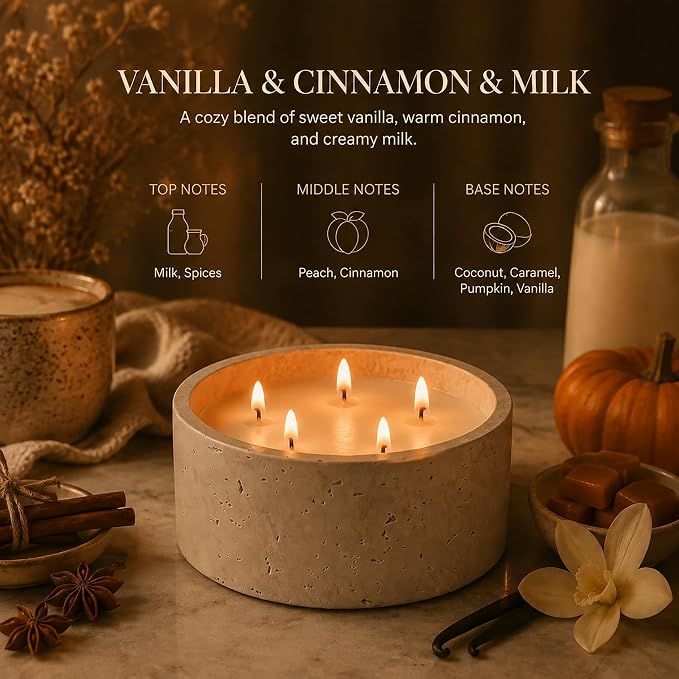 5-Wick Scented Candle-Vanilla & Cinnamon & Milk,Soy Coconut Wax Blend Candle with Acacia Wood Lid,44oz Large Candle,55-Hour Long Burning,Aromatherapy Candle for Home Decor