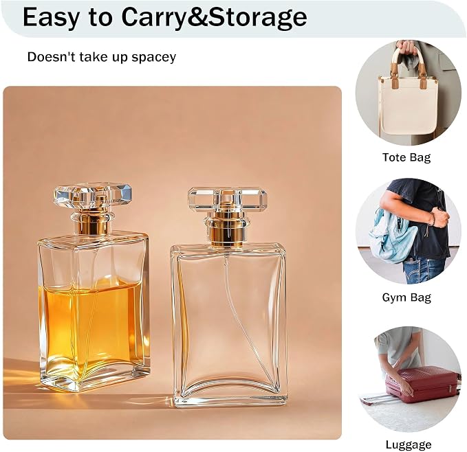 YU FENG Glass Perfume Spray Bottle Set, Refillable Fine Mist Atomizer for Fragrance, Travel & Home Use – Square Glass, Gold Cap, 100ML, 2 Pack