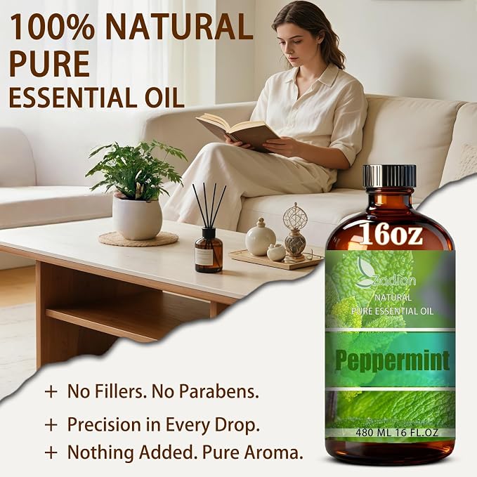 Peppermint Essential Oil - Peppermint Fragrance Oil for Diffuser, Massage, Humidifier, DIY Candle, Soap Making, Home, Bath, Yoga - 16 fl oz (480ml) - ZODION Essential Oils