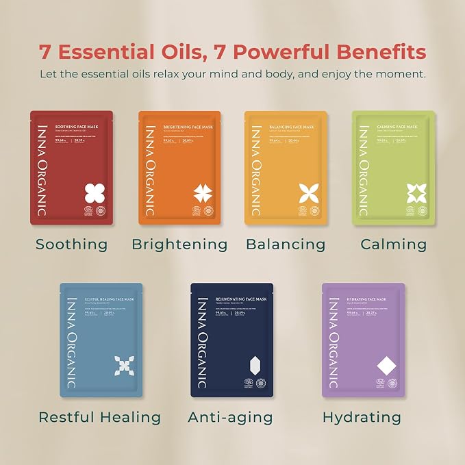 INNA ORGANIC Organic Sheet Mask - Nexty Award Finalist, Sleep Well Glow, Overnight Renewal, Restful Healing, Sustainable & Clean Beauty (Pack of 5) | Blue Tansy Essential Oils Infused Skin Care