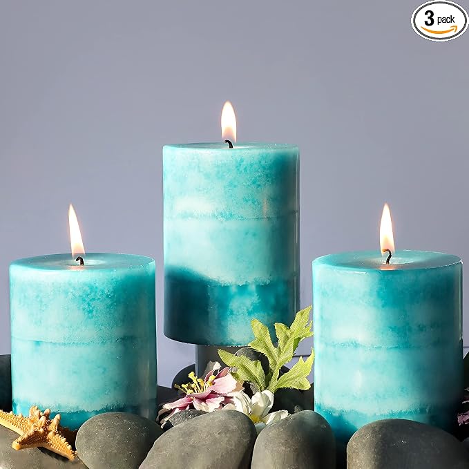Pillar Candles Ocean Breeze Scented 3x4 inch Aqua Green Candle Clean Burning Smokeless Dripless Candles for Home Scented, Dinner Table, Fireplace Coastal Ocean Bathroom Decor - 3 Pack