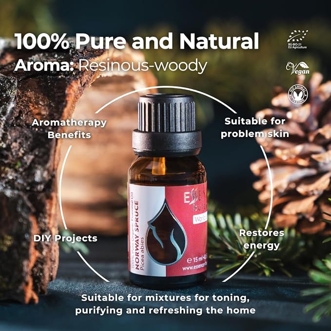 Essences Bulgaria Organic Spruce Essential Oil 0.51 Fl Oz | 15ml | Picea Abies | 100% Pure | Natural | Undiluted | Therapeutic Grade | Aromatherapy | Cosmetics | Cruelty Free | Non-GMO | Vegan