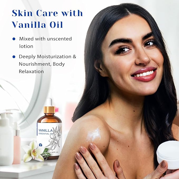 HIQILI Vanilla Essential Oil, Strong Fragrance Add in Skin Perfume, Unscented Lotion, Candle Soap Making Scent, Relax at Home with Diffuse Warm Sweet Aroma -100ML | Strong Fragrance for Diffuser, Body, Skin, Perfume, Lotion, Candle Soap Making Scent, W...