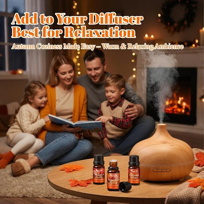 Autumn Fragrance Oil Gift Set，Fall Essential Oils for Diffuser, Scents for Candle Soap Making, Cinnamon & Apple,Pumpkin Spice, Huckleberry Harvest, Cashmere Cedar, Leaf More 10x5ml Aromatherapy Oils