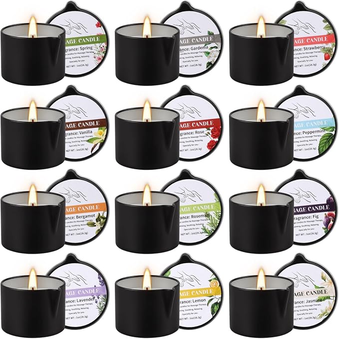 12pcs Massage Oil Candle,Moisturising Natural Soybeans Gift Sets,1oz Low Temperature Body Oil Scented Candles for Home Spa & Relaxation