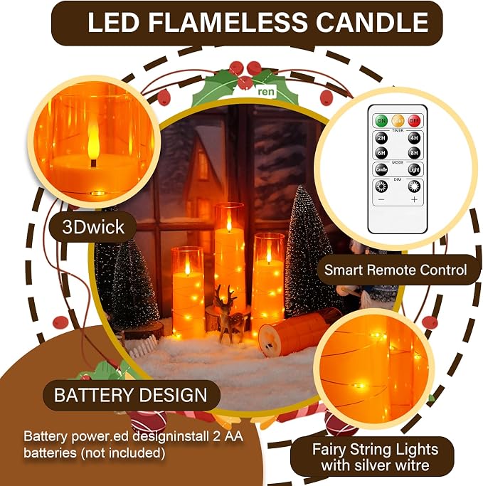 kakoya Flameless LED Candles with Timer 5 Pc Flickering Flameless Candles for Romantic Ambiance and Home Decoration Stable Acrylic Shell,with Embedded Star String，Battery Operated Candles（Orange）