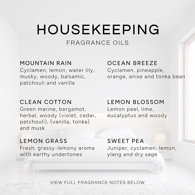 Eternal Essence Oils Housekeeping Set of 6 Premium Fragrance Oils - Includes Clean Cotton, Lemon Blossom, Lemon Grass, Sweet Pea, Ocean Breeze and Mountain Rain Scented Oils - 10ML