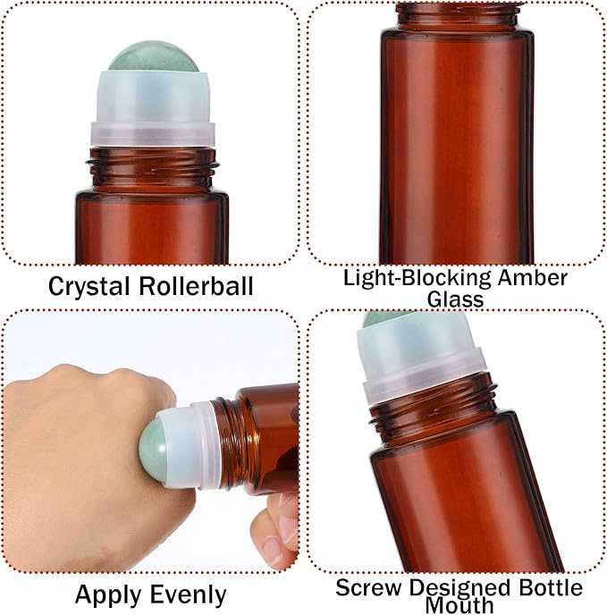 2 Pack 1.7oz Large Amber Glass Roll on Bottles for Essential Oils, Refillable Roller Ball Applicator with Green Crystal Rollerball, Perfume Deodorant Containers, Leak-Proof for Aromatherapy & Skincare