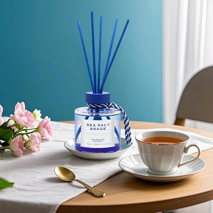 Sea Salt Reed Diffuser, 6.77OZ/200ML Large Capacity Natural Non-Toxic Oil, Long-Lasting Fragrance Reed Diffusers Set for Home and Bathroom, Aroma with 5 Reed Diffuser Sticks