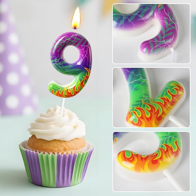 Number 9 Birthday Candle for Cake – Purple Green Flame Design with Lightning & Tire Track Pattern – Off-Road Truck Theme Cake Topper for Birthday Party Decoration