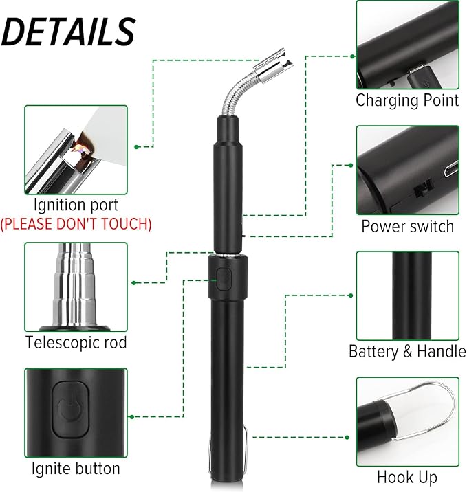 Electric Arc Lighter - Rechargeable Plasma Lighter with 11.4"-27.55" Adjustable Neck, Windproof & Flameless for Candles, Fireplaces, Fire Pits (Black)