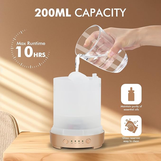 Essential Oil Diffuser for Home- 200ml Aromatherapy Diffuser for Essential Oils with 4 Timer, 7 Color LED Lights Waterless Auto Shut-Off for Home Office Décor Gifts for Women