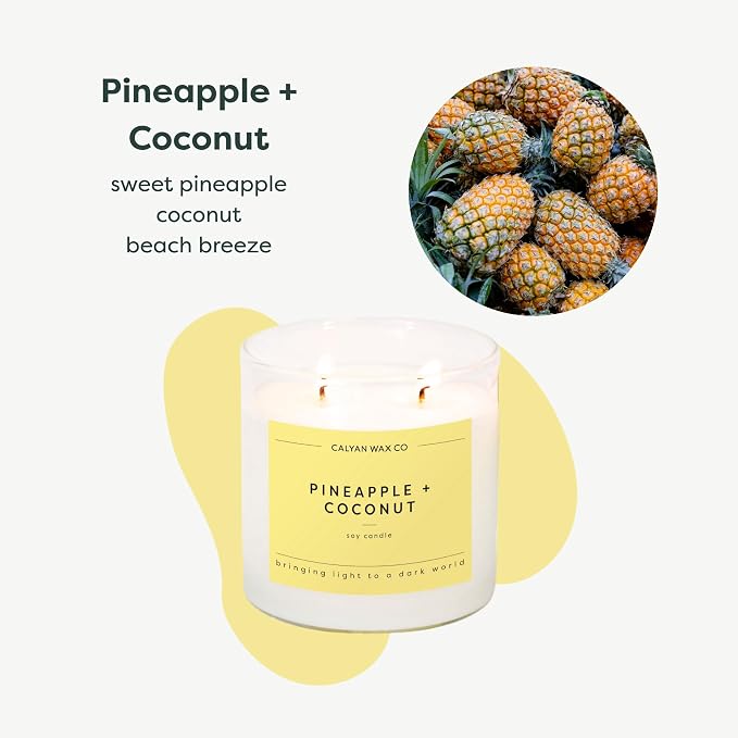 Calyan Wax Co. Pineapple & Coconut 2 Wick Scented Candle - 37 Hour Burn - Luxury Clean Soy Wax Candles - Long Lasting Large Glass Jar Candle for Home - 8.8oz