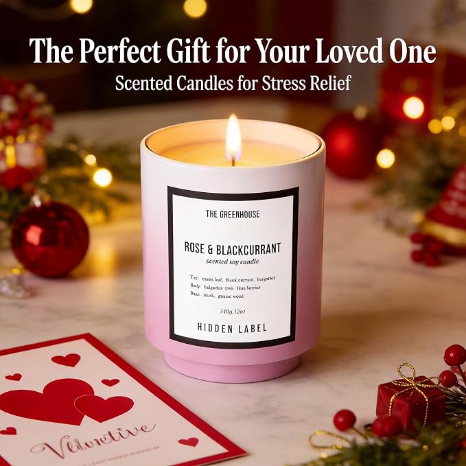 Rose Blackcurrant Candle, 12oz Natural Soy Wax Non Toxic Scented Candle 75 Hours, Bulgarian Rose & Cassis Essential Oil Aromatherapy Candle, Long Lasting Jar Candle Gift for Women
