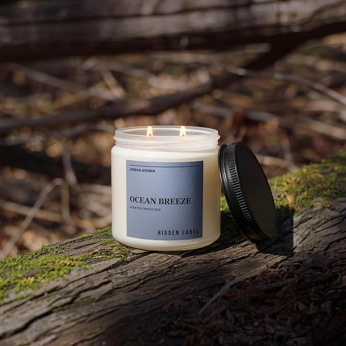 Hidden Label Ocean Breeze Soy Candle, 12oz 2-Wick, Coastal Fresh | Non-Toxic Natural Wax, Paraben & Phthalate-Free, Clean Burn | Elegant Decor & Gift-Ready | Stress Relief & Mental Clarity