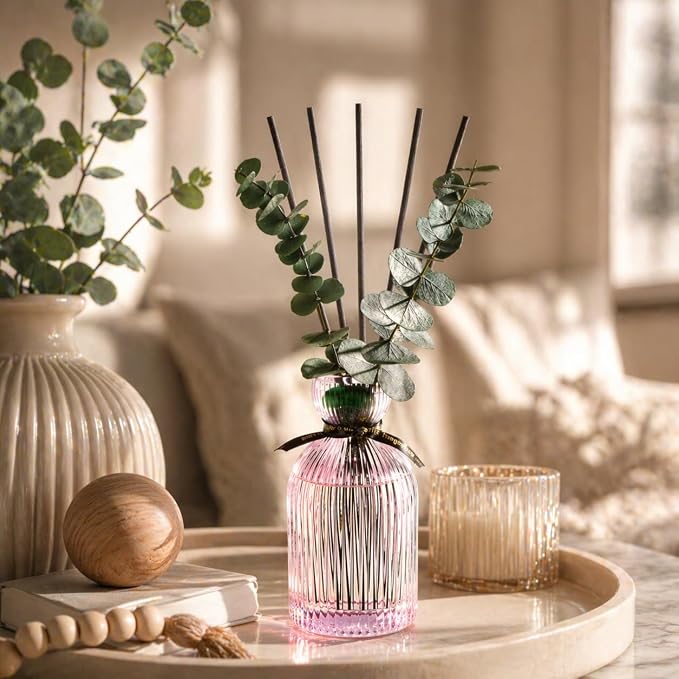 Airkeep Reed Diffuser Set 6.76 oz – Cherry Blossom Decorative Home Fragrance with Eucalyptus Sticks, Ribbed Glass Diffuser for Bathroom & Bedroom Décor, Gift Ready