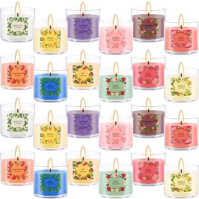 24 Pack Scented Candles Set, 2oz Soy Wax Acrylic Tea Lights with 12 Assorted Fragrances, Long Lasting Aromatherapy Candles for Home Decor, Gift Ready for Christmas Birthday Housewarming