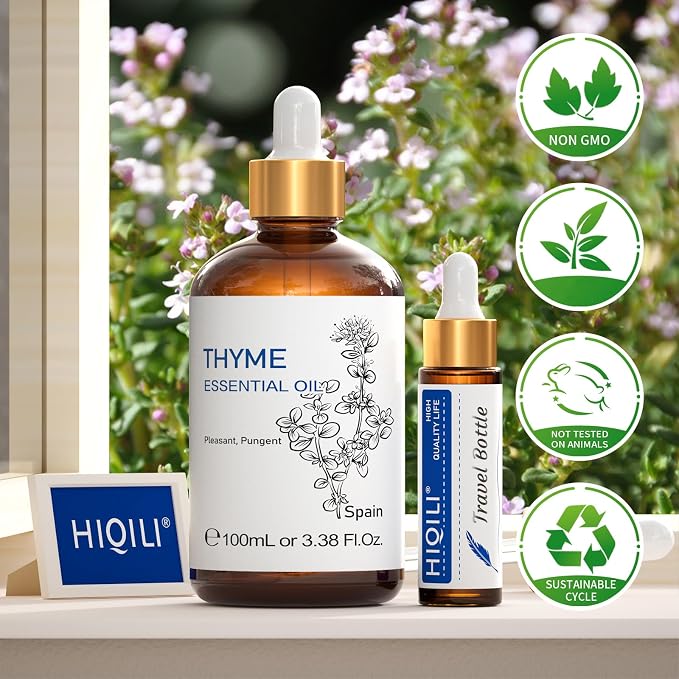 HIQILI 3.38 Fl Oz Thyme Essential Oil for Hair, Skin, Diffuser, Aromatherapy, Includes 10ML Travel Bottle - 100ML