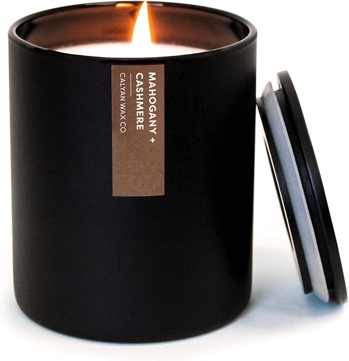 Calyan Wax Co. Mahogany & Cashmere Scented Candle - 75 Hour Burn - Luxury Clean Soy Wax Candles - Long Lasting Black Tumbler Jar Candle for Home - 10.2oz