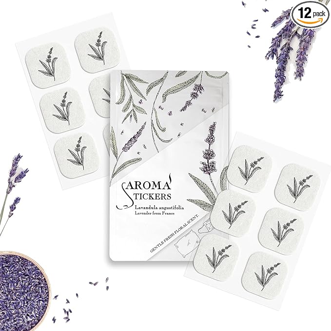 AROMA STICKERS® (Lavender, Pack of 1) - 100% Natural Essential Oil Scented Mask Stickers for Face Mask & Pillow (12 Stickers/pc) -Pure Essential Oil Scented Mask Patch/Personal Aroma/Relaxing