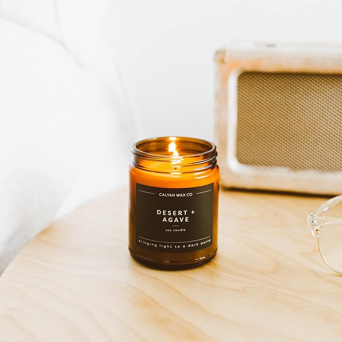 Calyan Wax Co. Desert & Agave Scented Candle - 57 Hour Burn - Luxury Clean Soy Wax Candles - Long Lasting Amber Glass Jar Candle for Home - 7.2oz