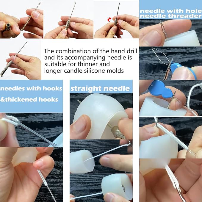 TYMKLMZG 16 PCS Silicone Mould Hand Drill Adjustable Long Needle Punch Wicking Needle Tools Candle Mold Punch Tool with Hook & Eye Candlewick Inserting Tool Tweezers Threader for Candle Making