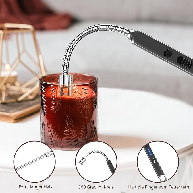 Electric Candle Lighter USB C Rechargeable Plasma Arc Lighters with 360° Flexible Neck Windproof for Deep Candles, Gas Stove, Camping Grill & Fireworks (Black*Rose Gold)