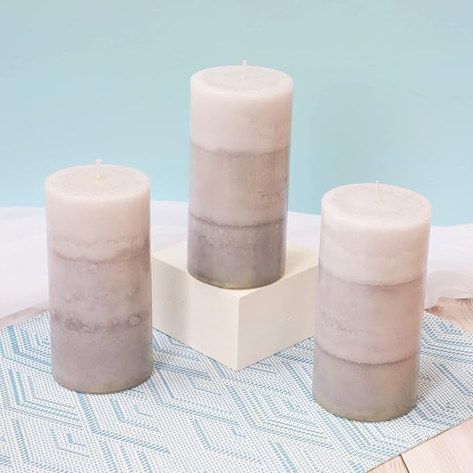 Set of 3 Scented Candles 3" x 6" Creamy Coconut Scented Hand Poured Grey White Pillar Candles Long Burning Smokeless Cotton Wick Candles Gift Set for Spa Wedding Home Decorations